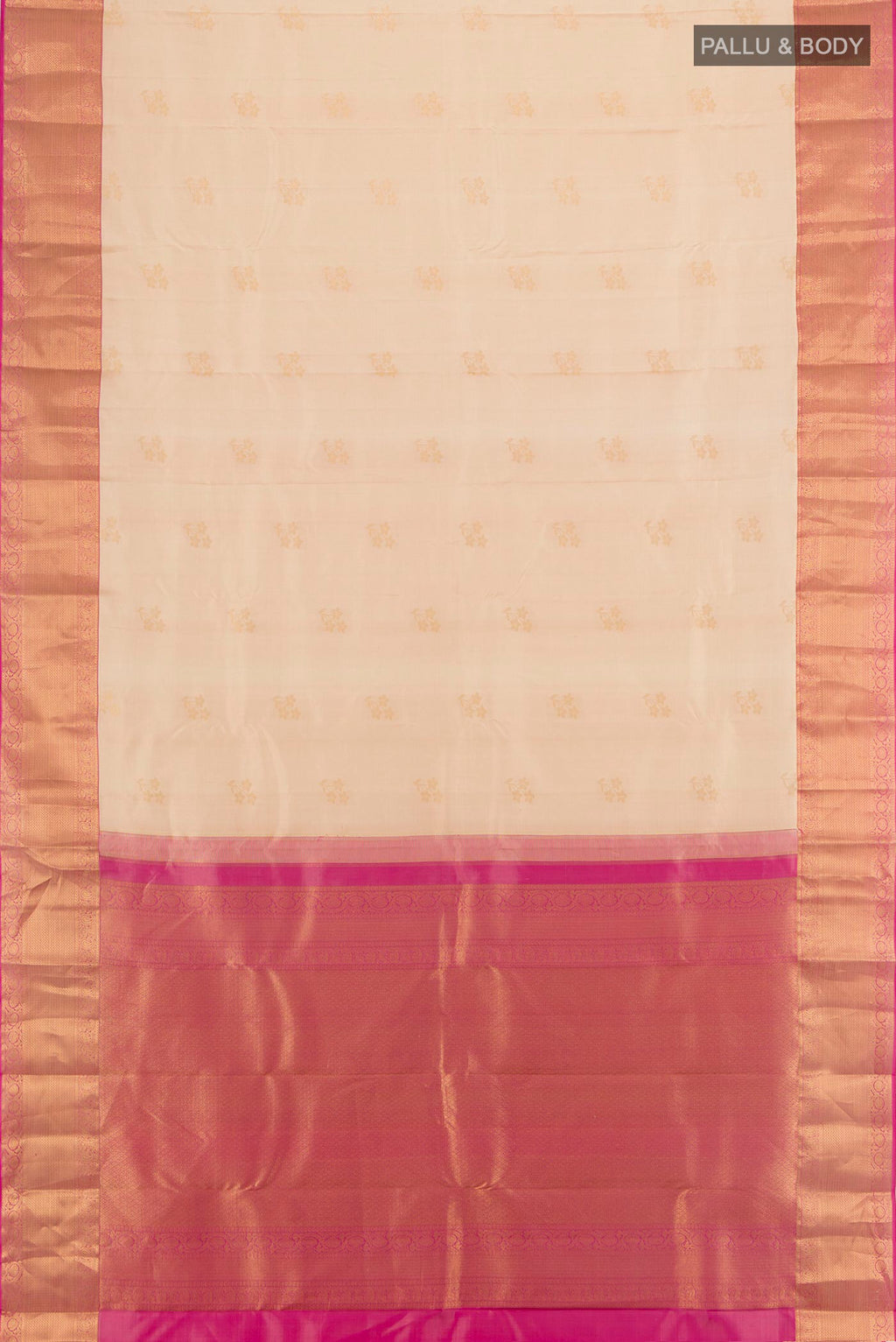 Flat view of Sandal Kanjivaram Silk Saree with Zari Butta on the body and Zari Border. 