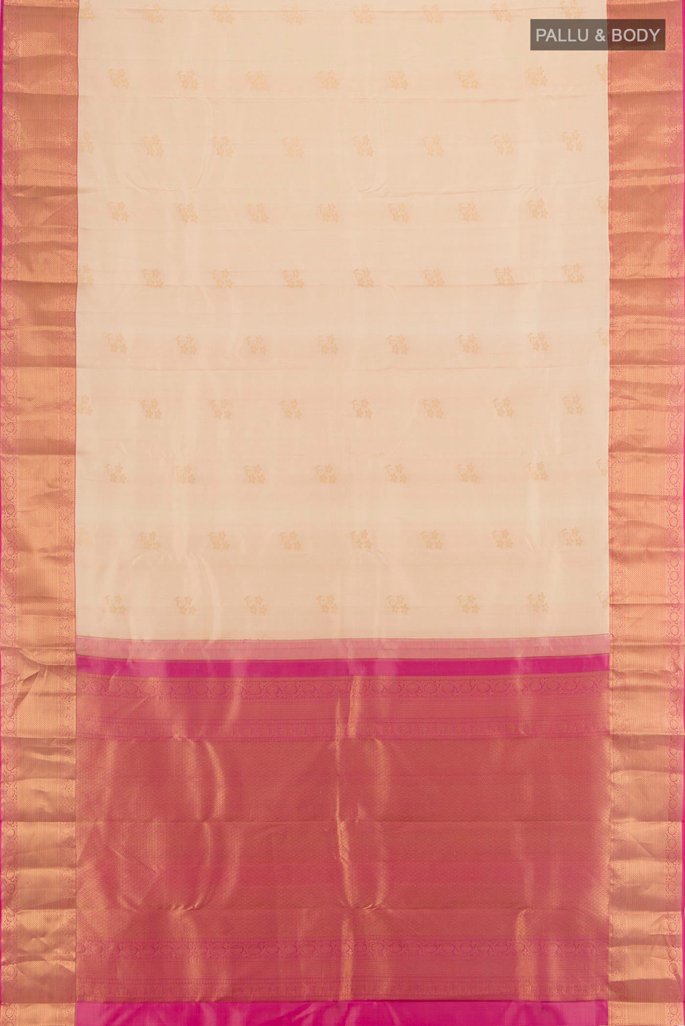 Flat view of Sandal Kanjivaram Silk Saree with Zari Butta on the body and Zari Border. 