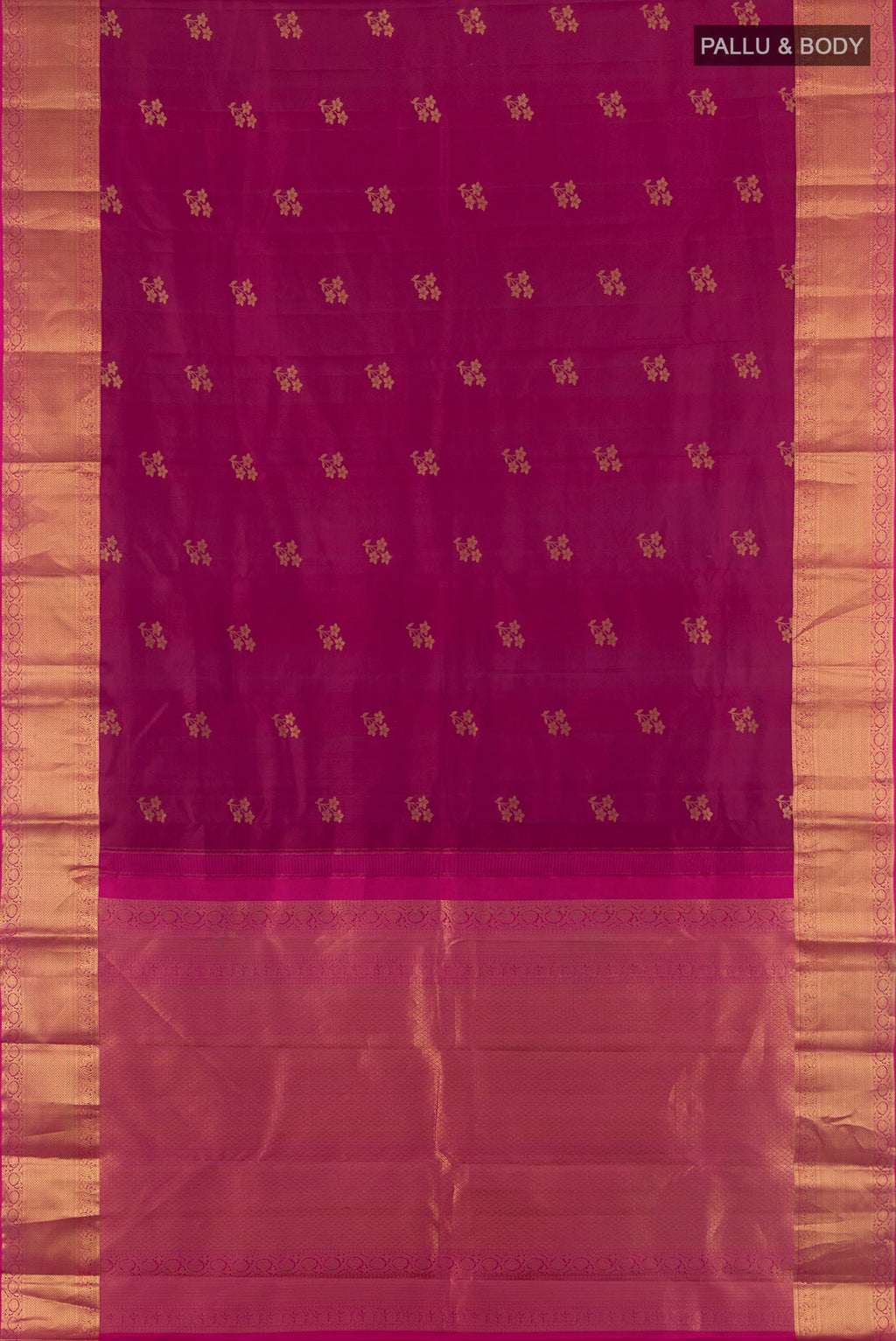 Flat view of Pure Silk Maroon Kanjivaram Saree with Zari Butta on the body and Zari Border. 