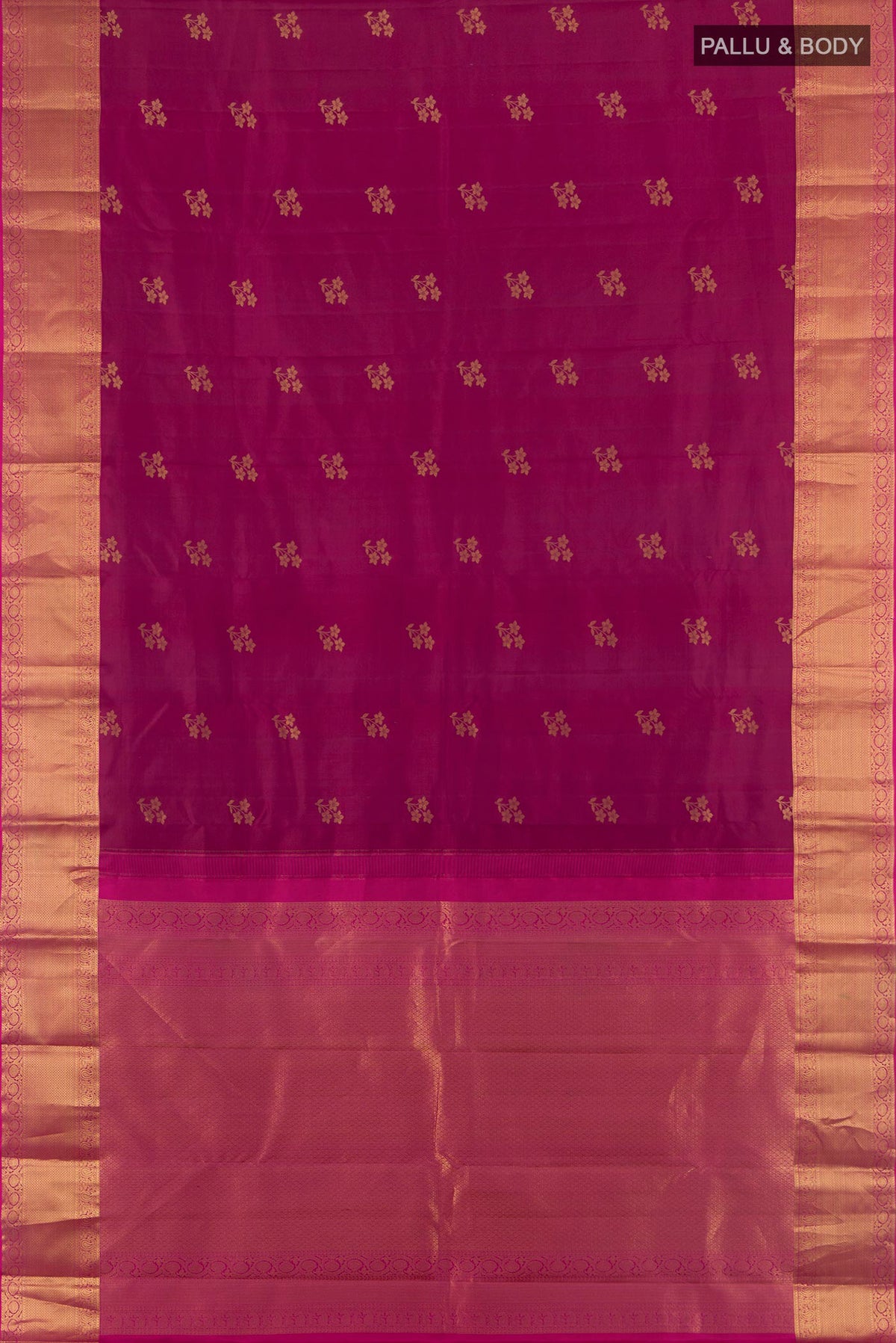 Flat view of Pure Silk Maroon Kanjivaram Saree with Zari Butta on the body and Zari Border. 