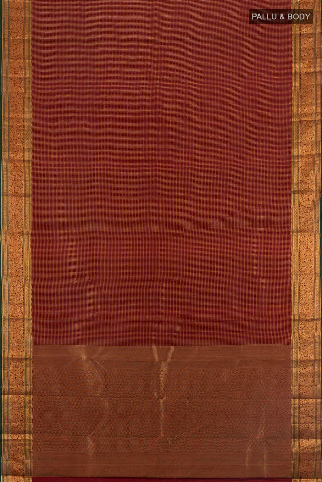 Flat view of Maroon Kanchipuram Silk Saree with Checked design on the body and Zari Border. 