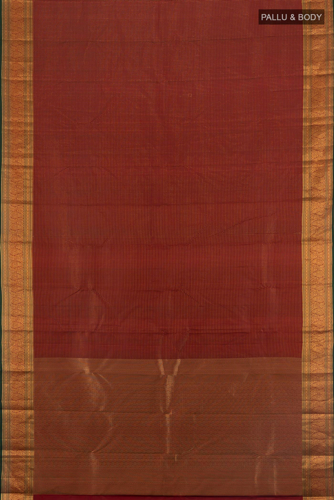 Flat view of Maroon Kanchipuram Silk Saree with Checked design on the body and Zari Border. 