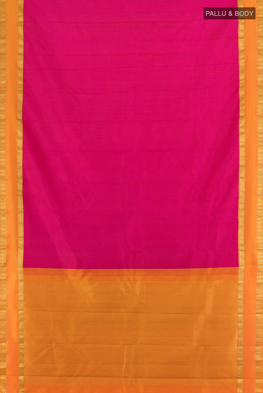 Flat view of Pure Silk Pink Kanjivaram Saree with Stripes on the body and Zari Border. 