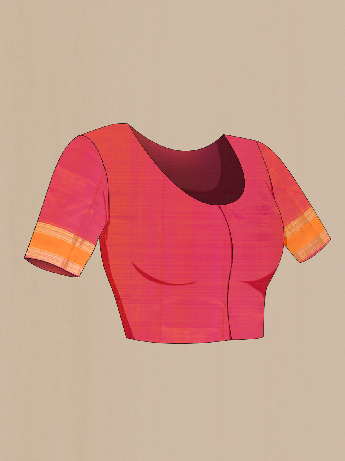 Close up image of the blouse of Pure Silk Mustard Kanchipuram Saree with Zari Butta on the body and Zari Border. 