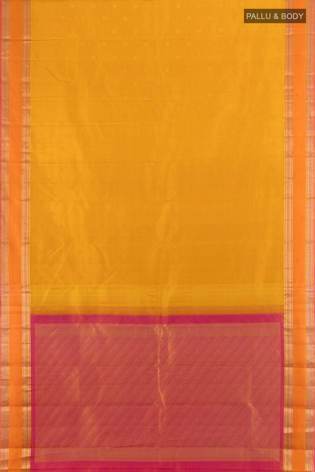 Flat view of Pure Silk Mustard Kanchipuram Saree with Zari Butta on the body and Zari Border. 