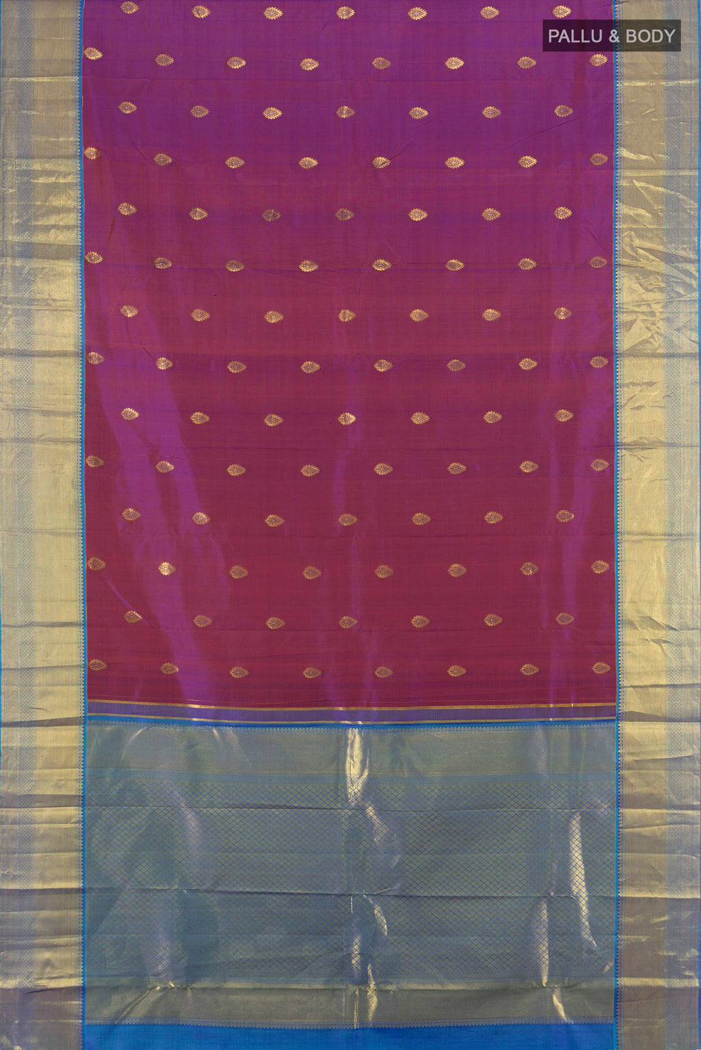 Flat view of Pure Silk Purple Kanjivaram Saree with Zari Butta on the body and Zari Border. 