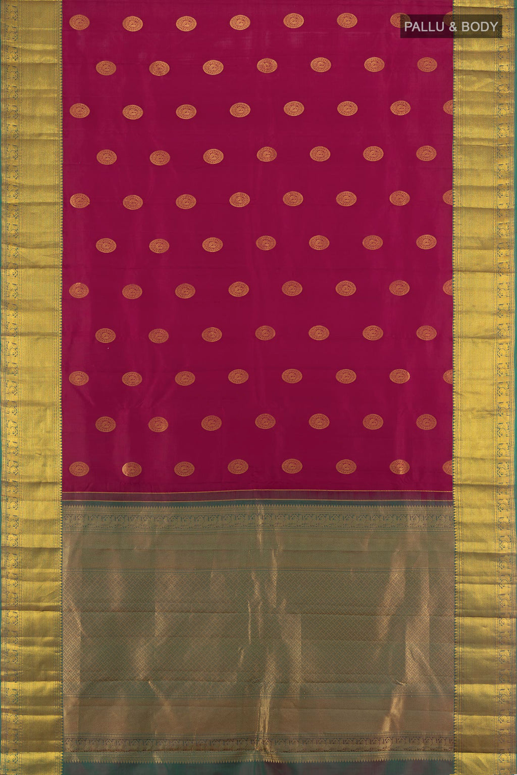 Flat view of Maroon Kanjivaram Silk Saree with Zari Butta on the body and Zari Border. 