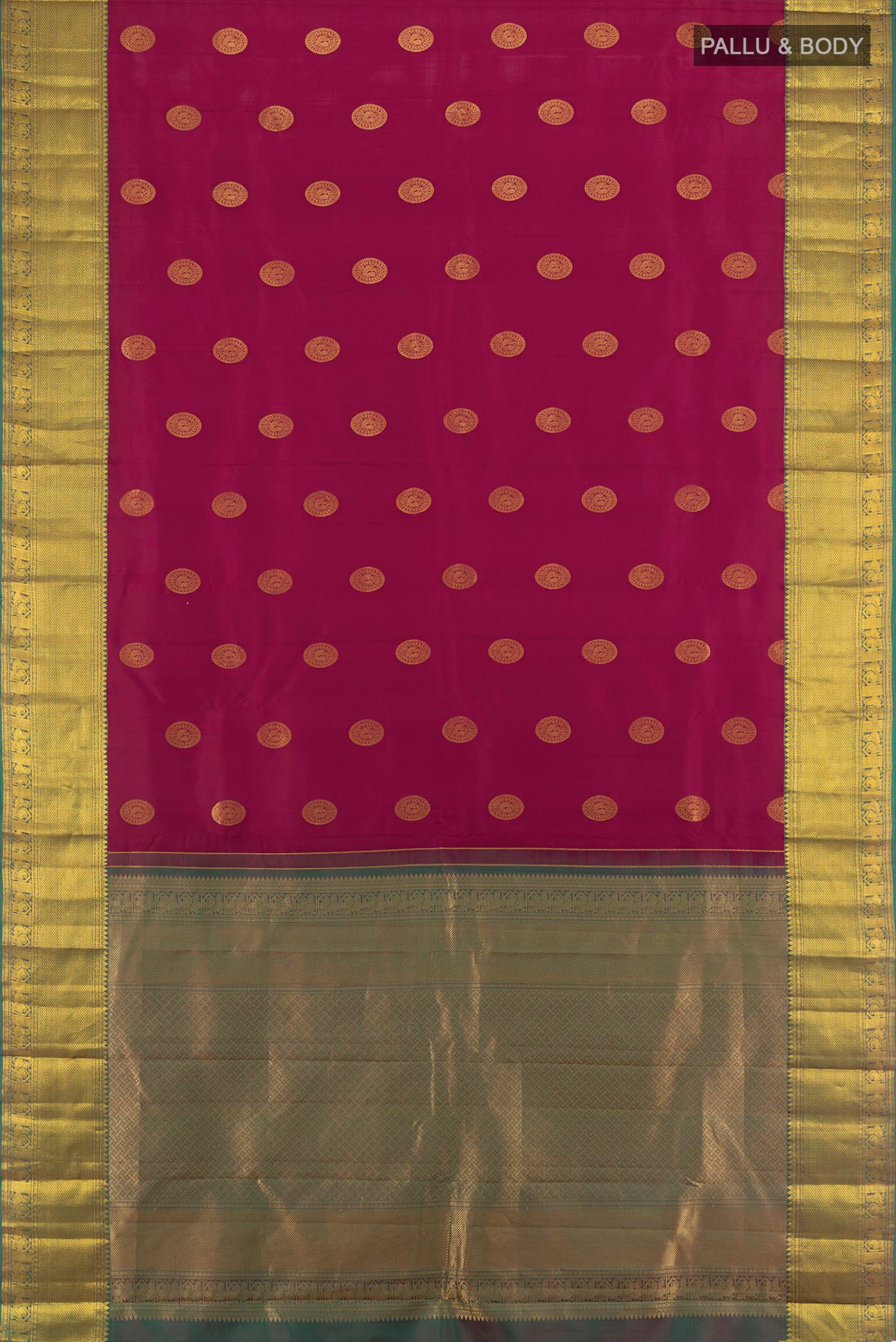 Flat view of Maroon Kanjivaram Silk Saree with Zari Butta on the body and Zari Border. 