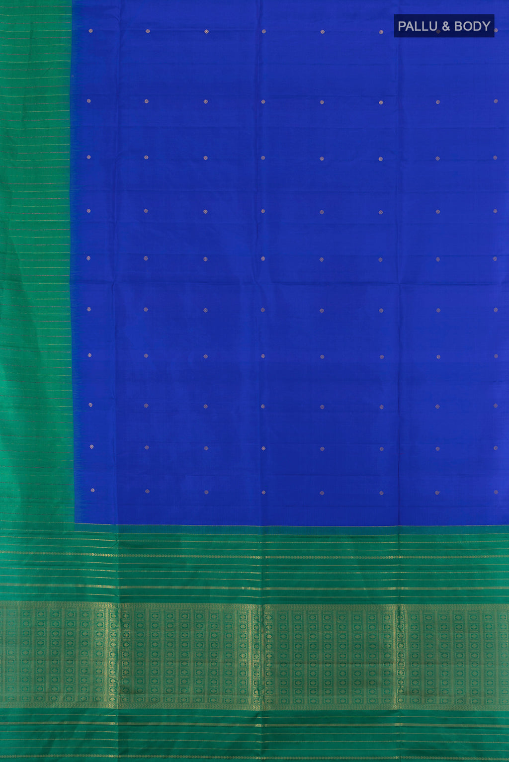 Flat view of Royal Blue Soft Silk Saree with Zari Butta on the body and Checks Border. 