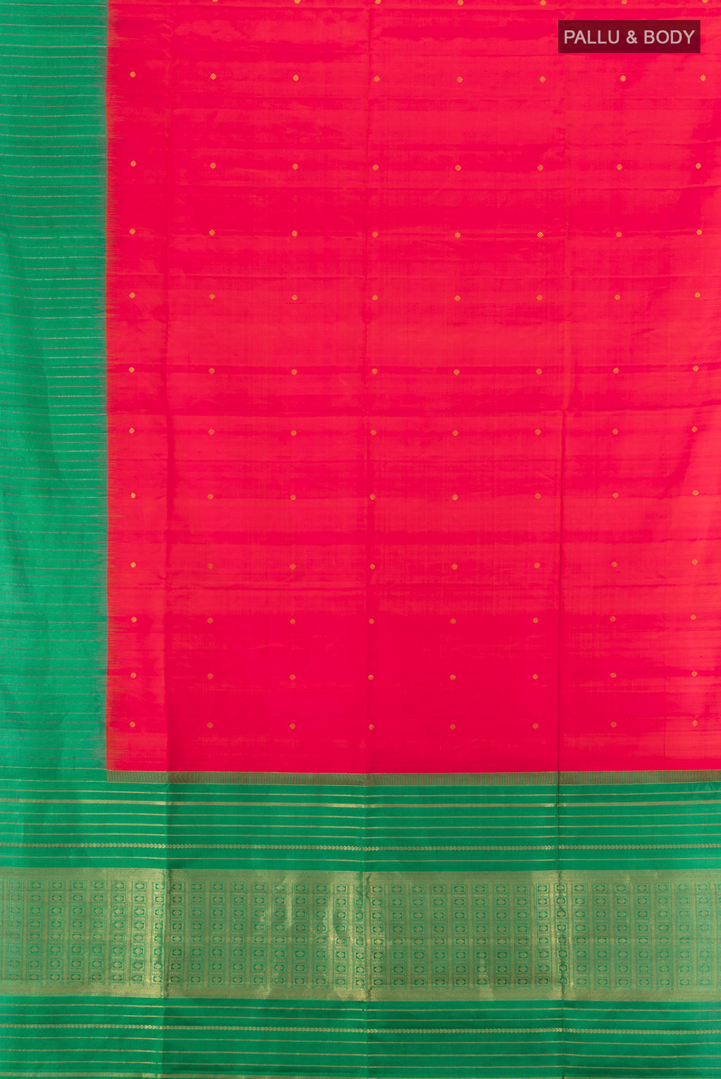 Flat view of Pink Soft Silk Saree with Zari Butta on the body and Checks Border. 
