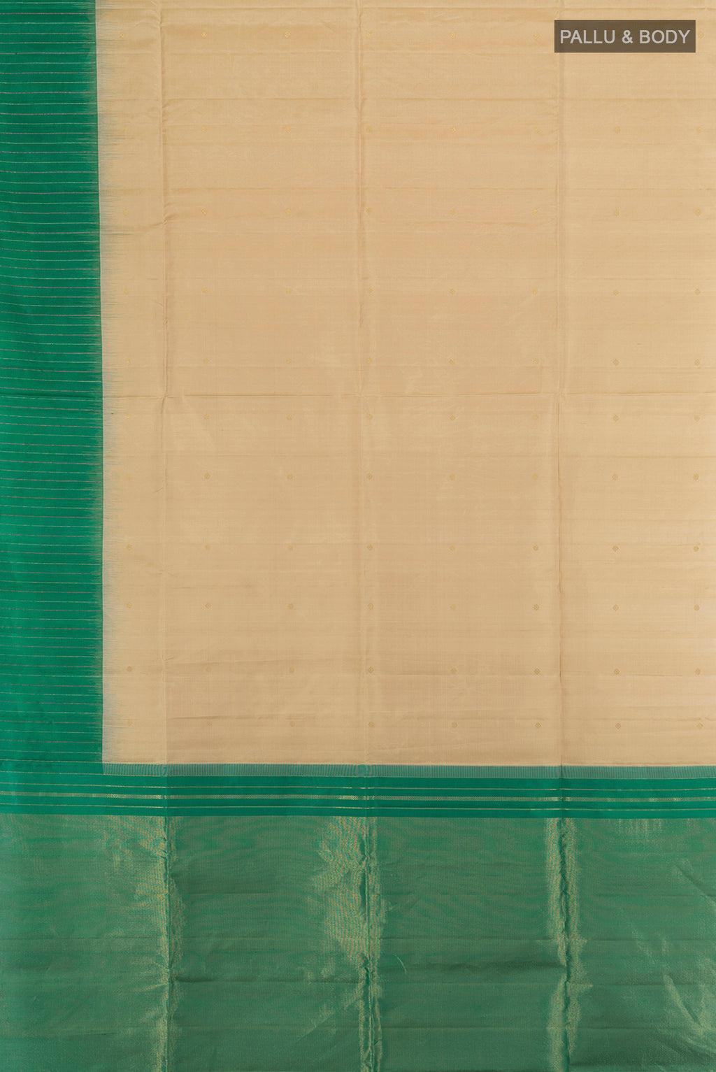 Flat view of Dark Beige Soft Silk Saree with Zari Butta on the body and Fancy Border. 
