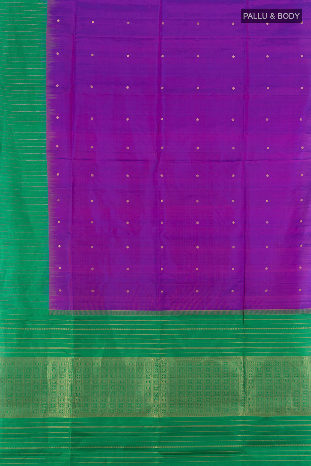 Flat view of Purple Soft Silk Saree with Zari Butta on the body and One Side Border. 