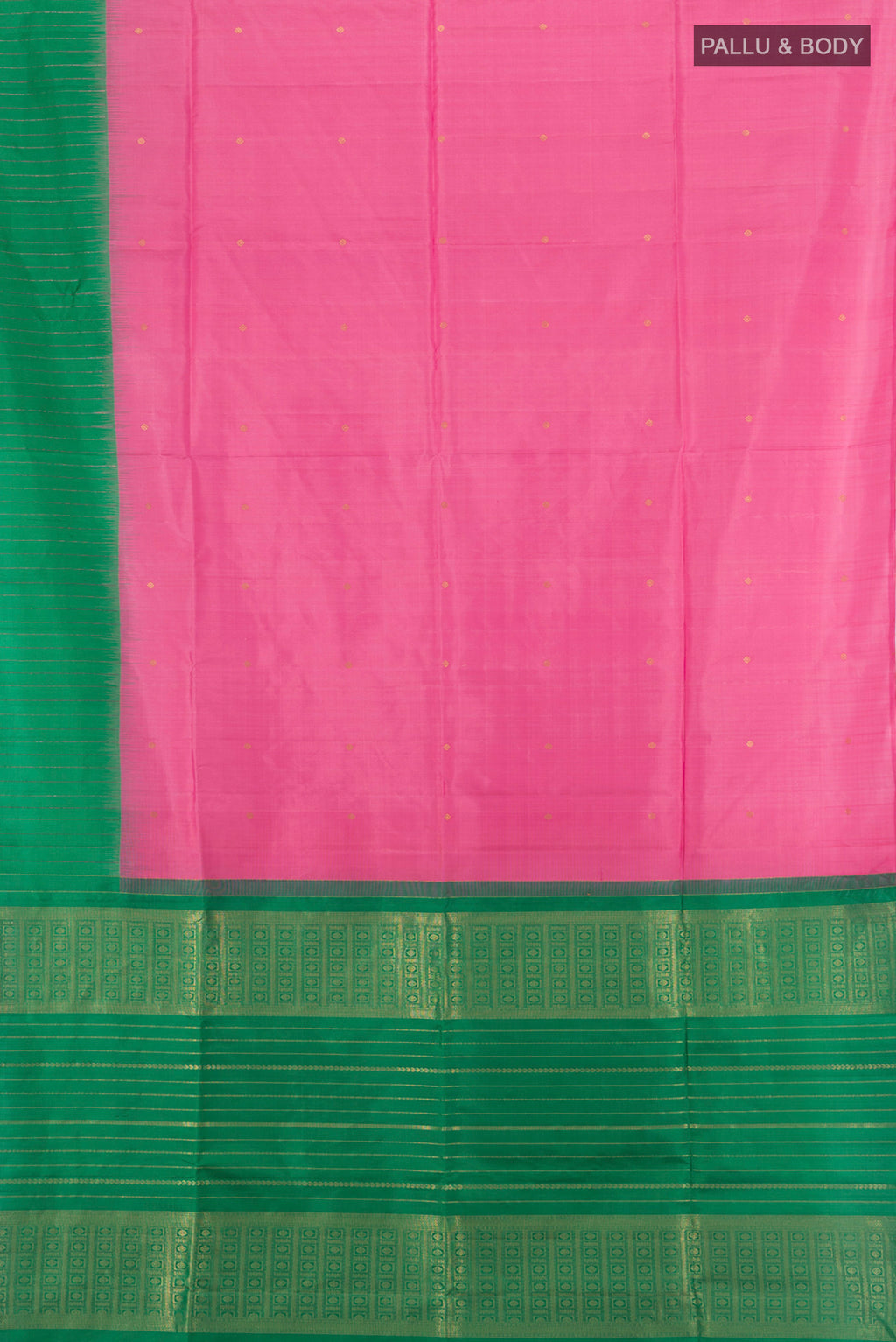 Flat view of Rose pink Soft Silk Saree with Zari Butta on the body and One Side Border. 