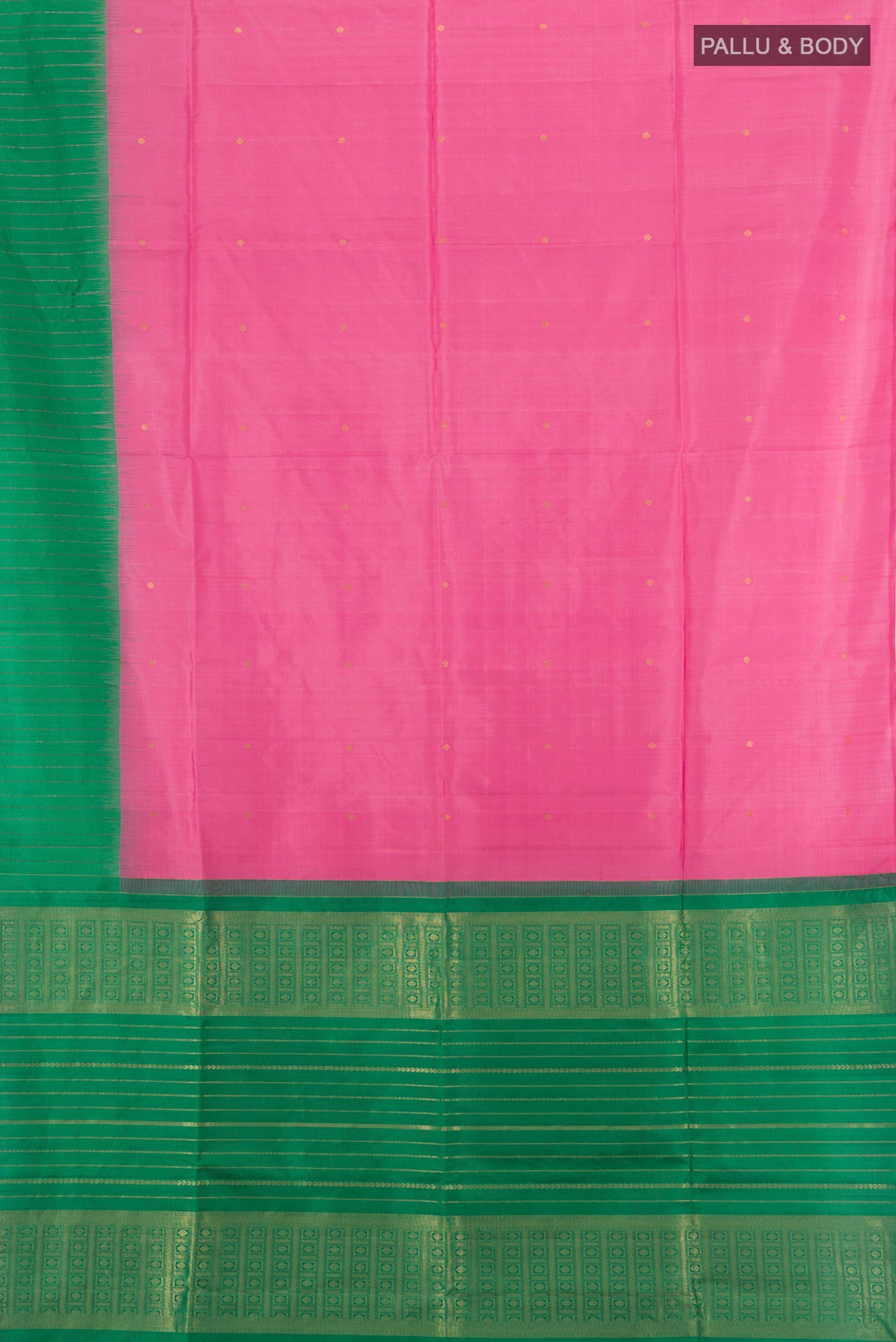 Flat view of Rose pink Soft Silk Saree with Zari Butta on the body and One Side Border. 