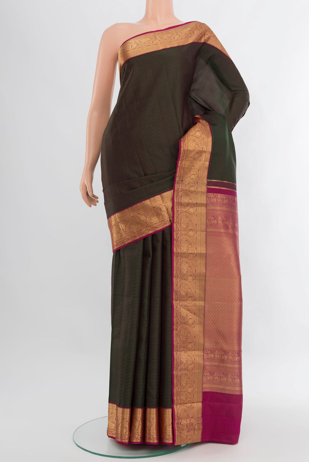 Bottle Green  with Pink Color Kanchipuram Silk Saree with Stripes on the body and Zari Border.  displayed on a mannequin