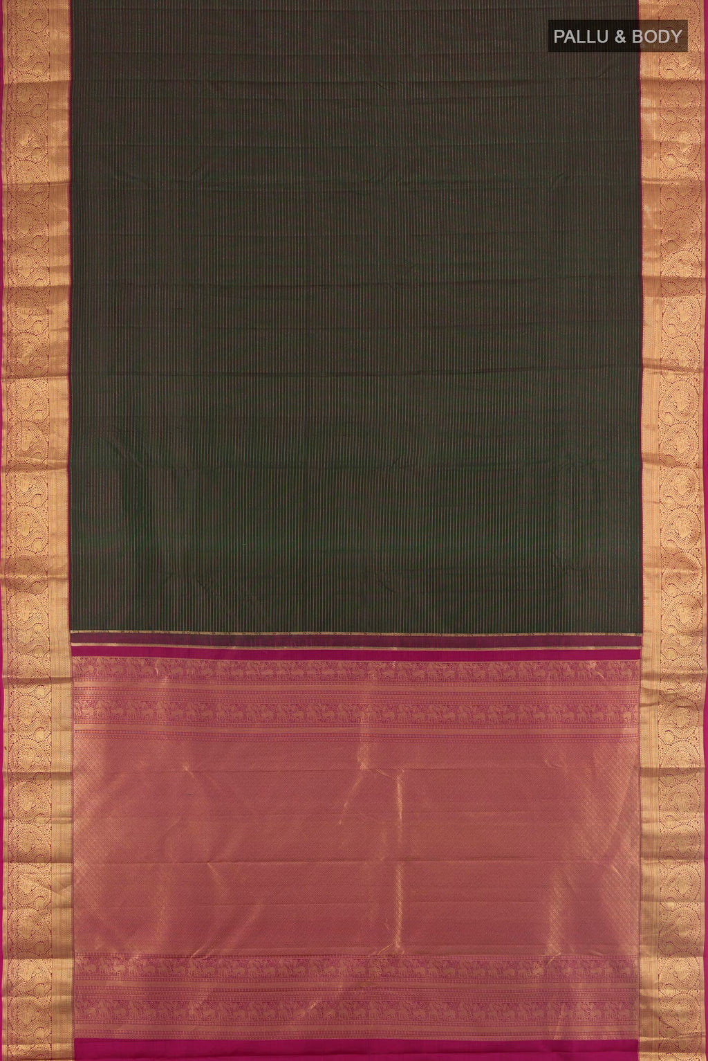 Flat view of Bottle Green  with Pink Color Kanchipuram Silk Saree with Stripes on the body and Zari Border. 