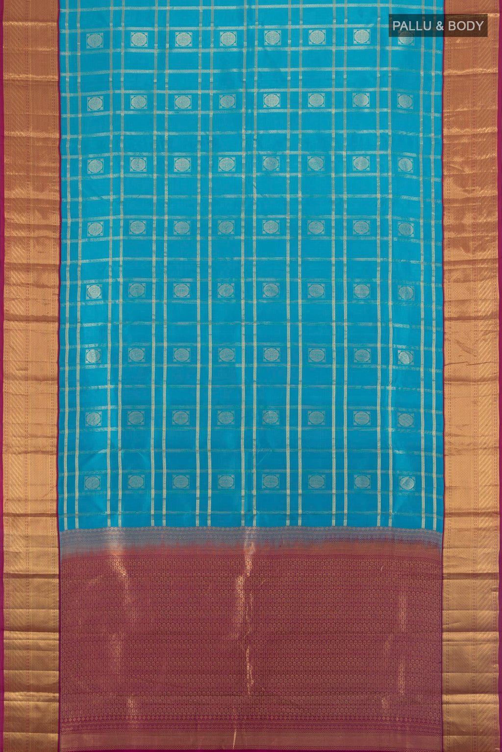 Flat view of Pure Silk Light Blue Kanchipuram Saree with Checked design on the body and Zari Border. 