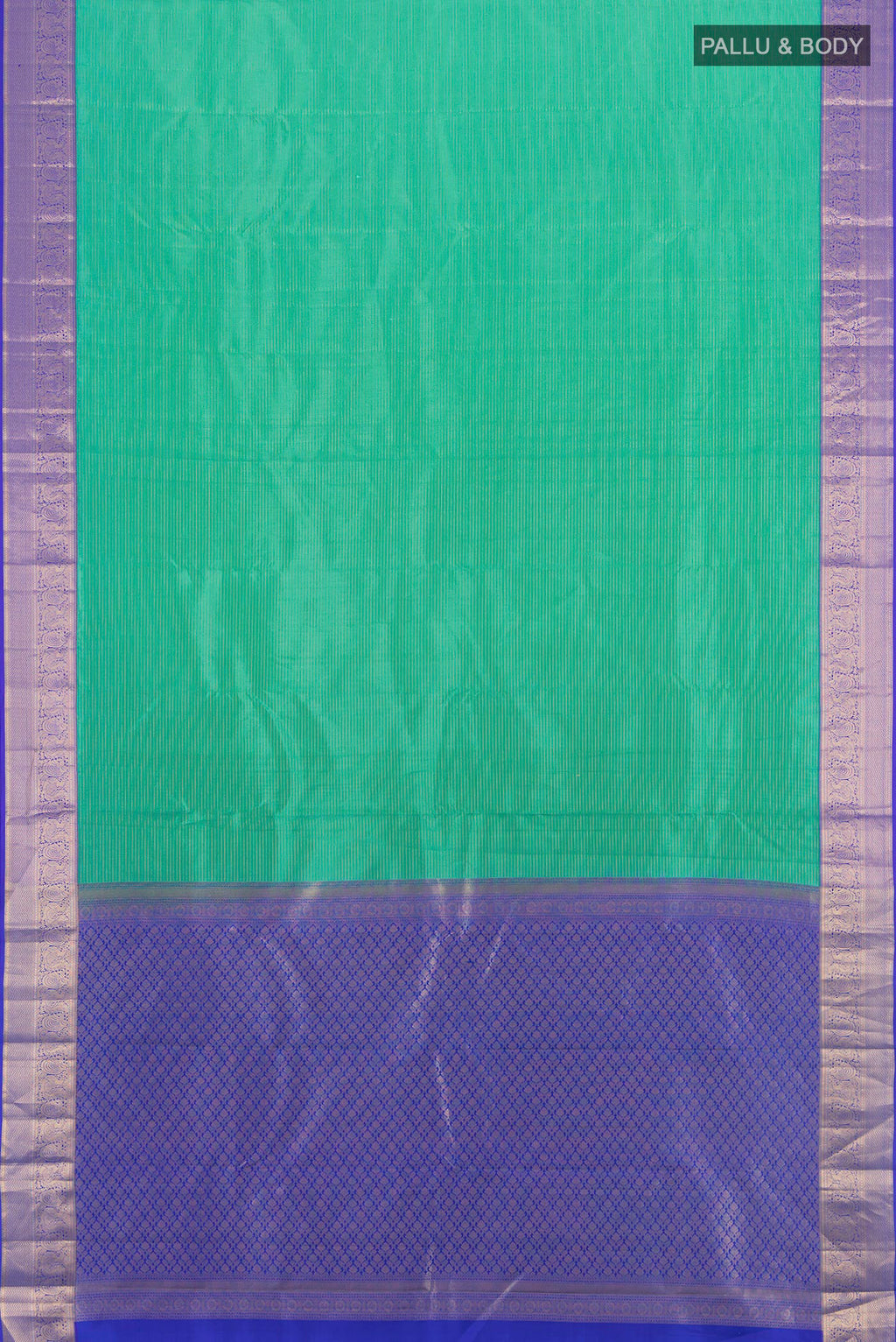 Flat view of Sea Green Kanchipuram Silk Saree with Stripes on the body and Zari Border. 