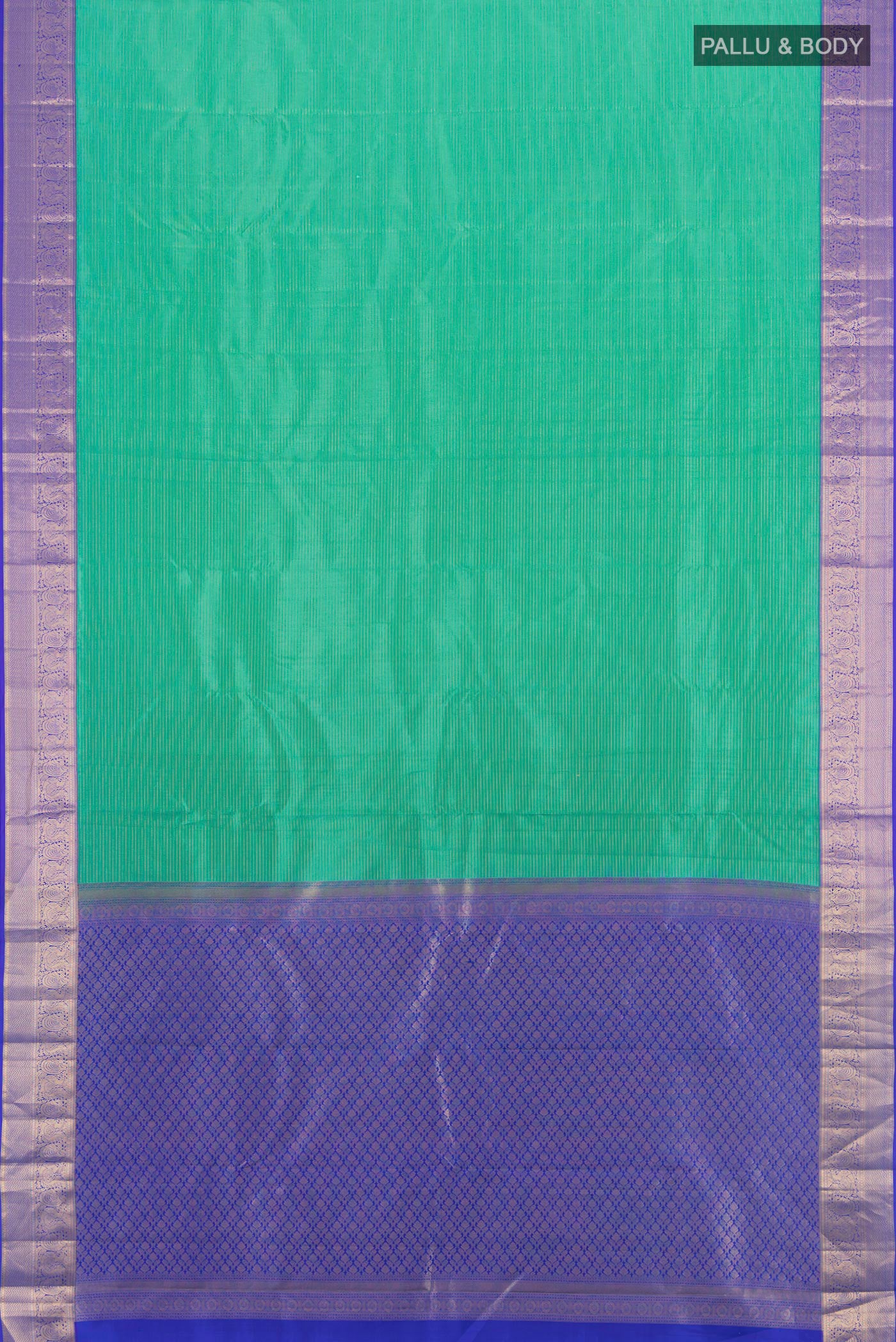 Flat view of Sea Green Kanchipuram Silk Saree with Stripes on the body and Zari Border. 