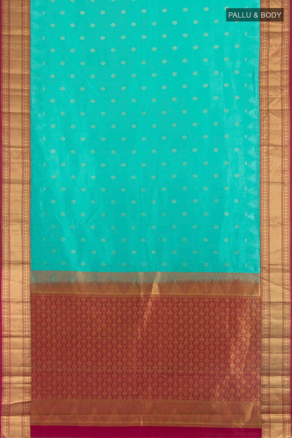Flat view of Pure Silk Sea Green Kanchipuram Saree with Zari Butta on the body and Zari Border. 