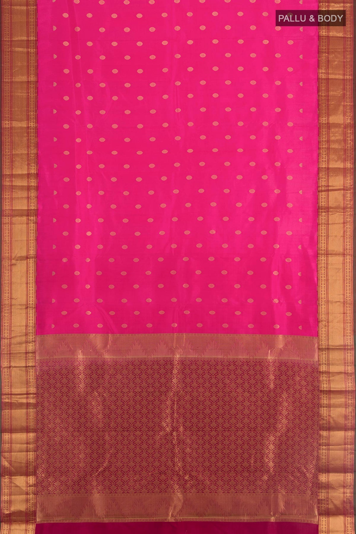 Flat view of Pure Silk Dark Pink Kanchipuram Saree with Zari Butta on the body and Zari Border. 