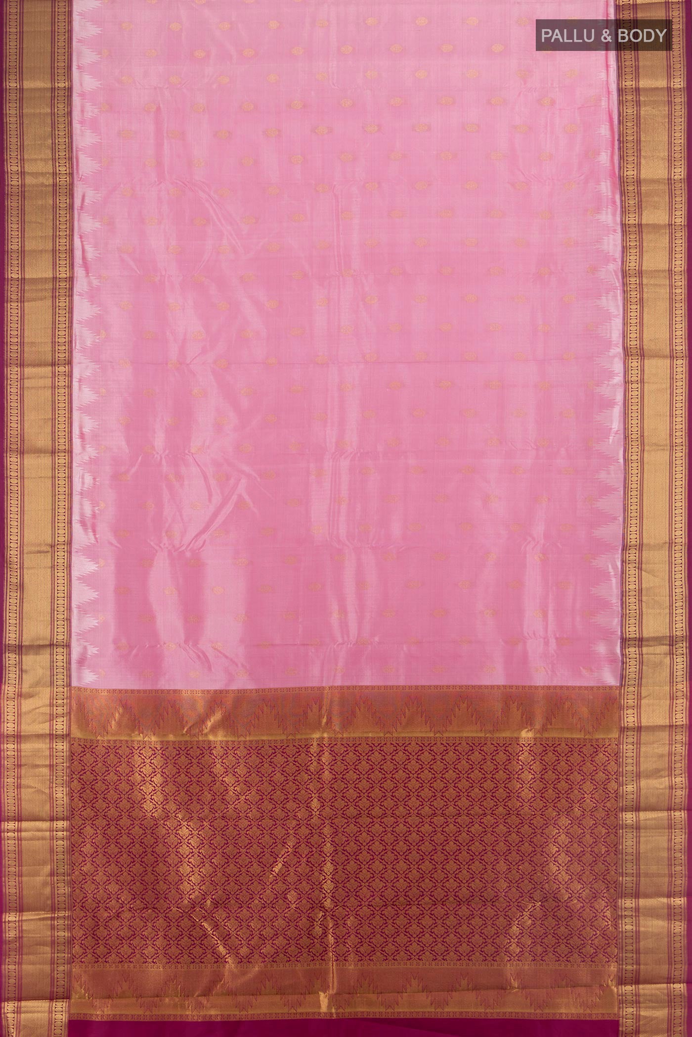 Flat view of Pure Silk Rose pink Kanchipuram Saree with Zari Butta on the body and Zari Border. 