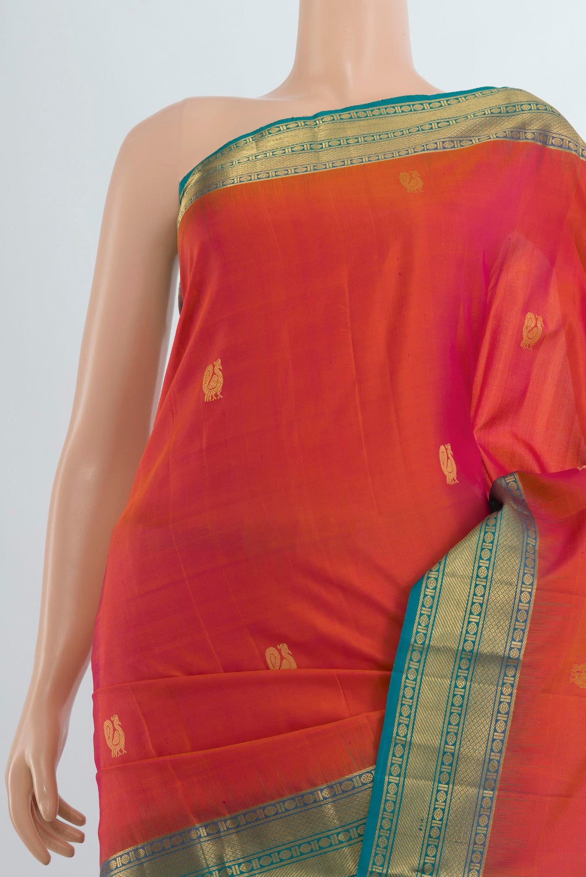 Border image of Pure Silk Peach Kanjivaram Saree with Zari Butta on the body and Silk Border. 