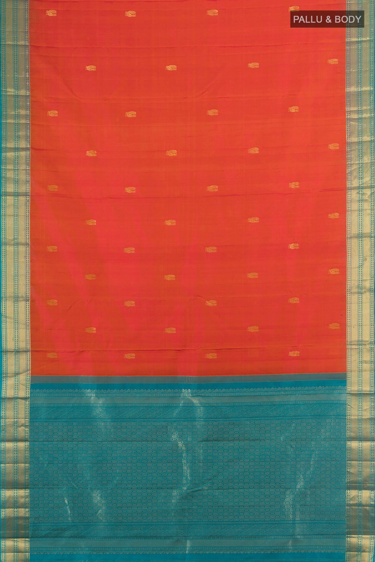 Flat view of Pure Silk Peach Kanjivaram Saree with Zari Butta on the body and Silk Border. 