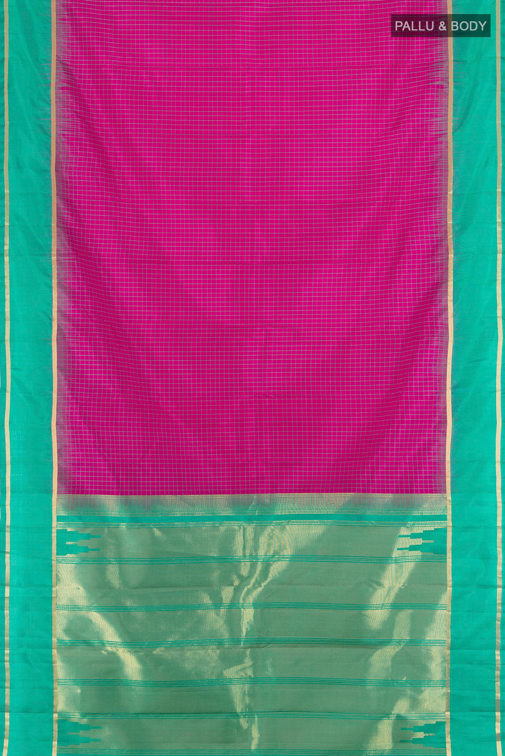 Flat view of Pure Silk Pink Kanchipuram Saree with Checked design on the body and Plain Border. 