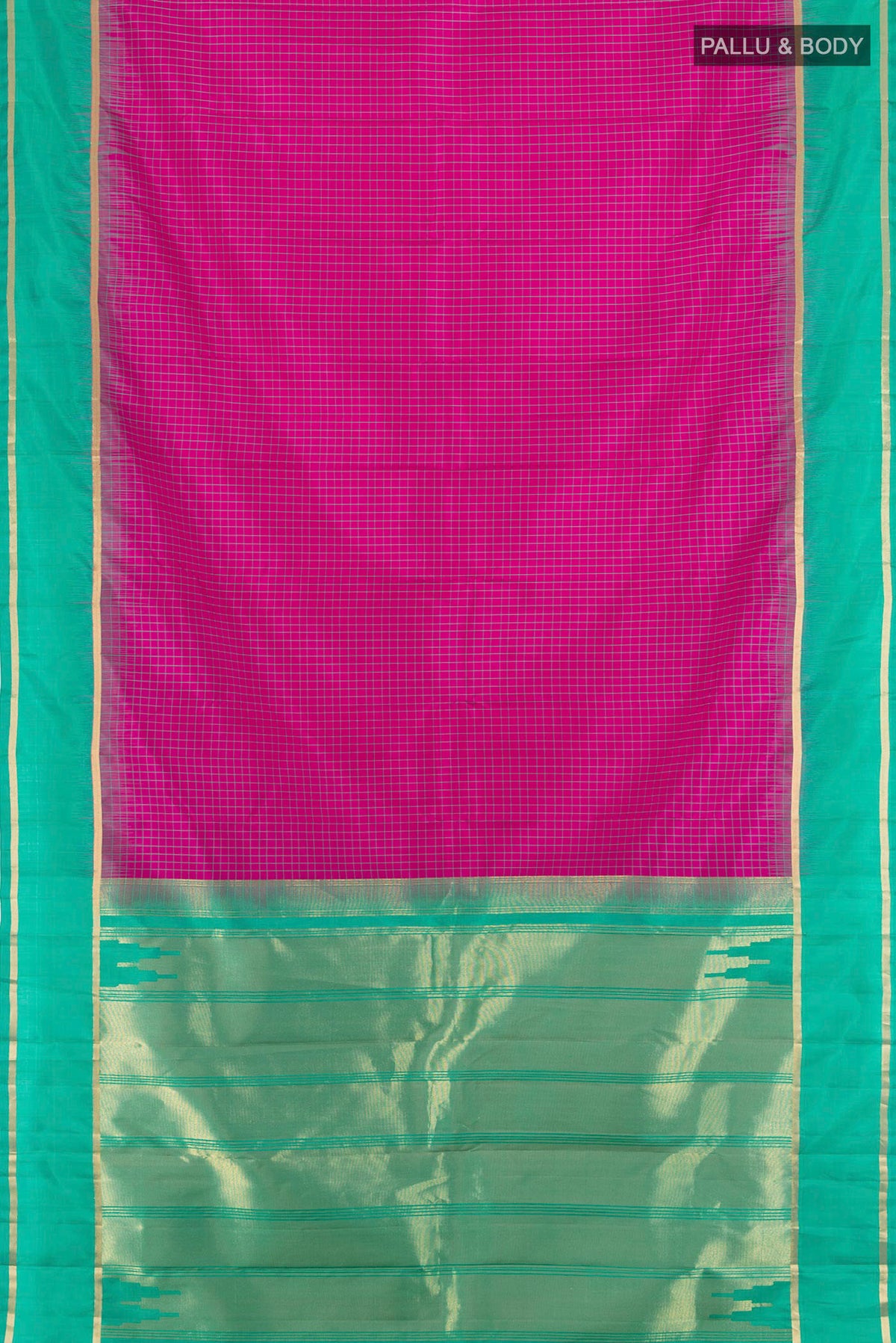 Flat view of Pure Silk Pink Kanchipuram Saree with Checked design on the body and Plain Border. 