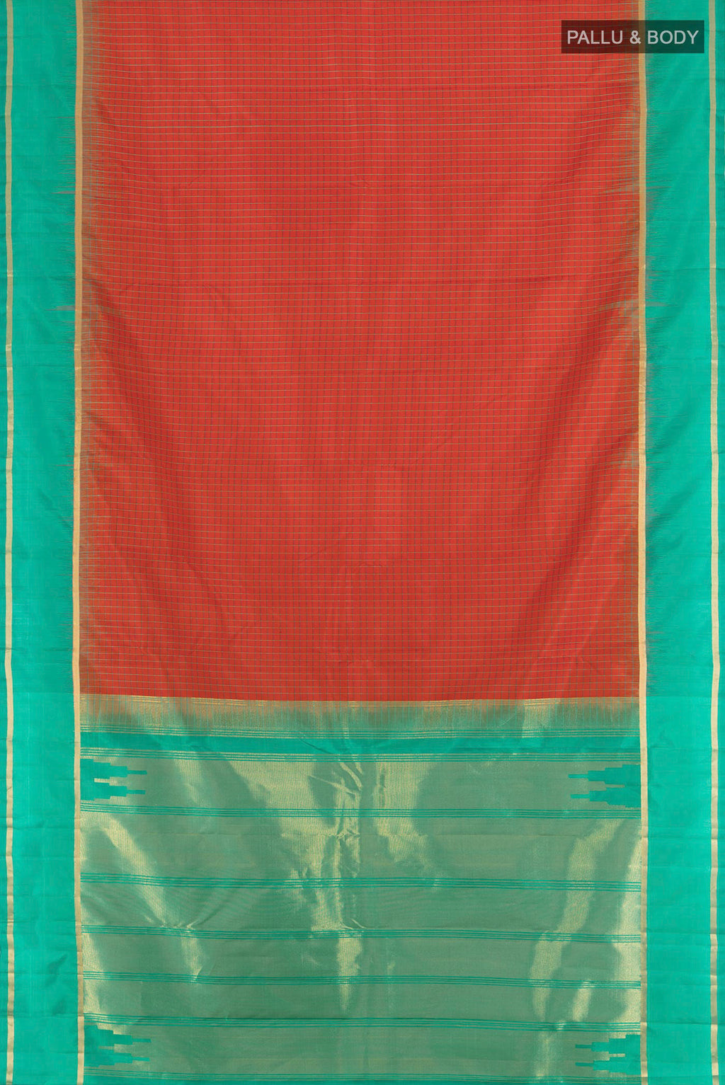 Flat view of Rust Kanchipuram Silk Saree with Checked design on the body and Plain Border. 