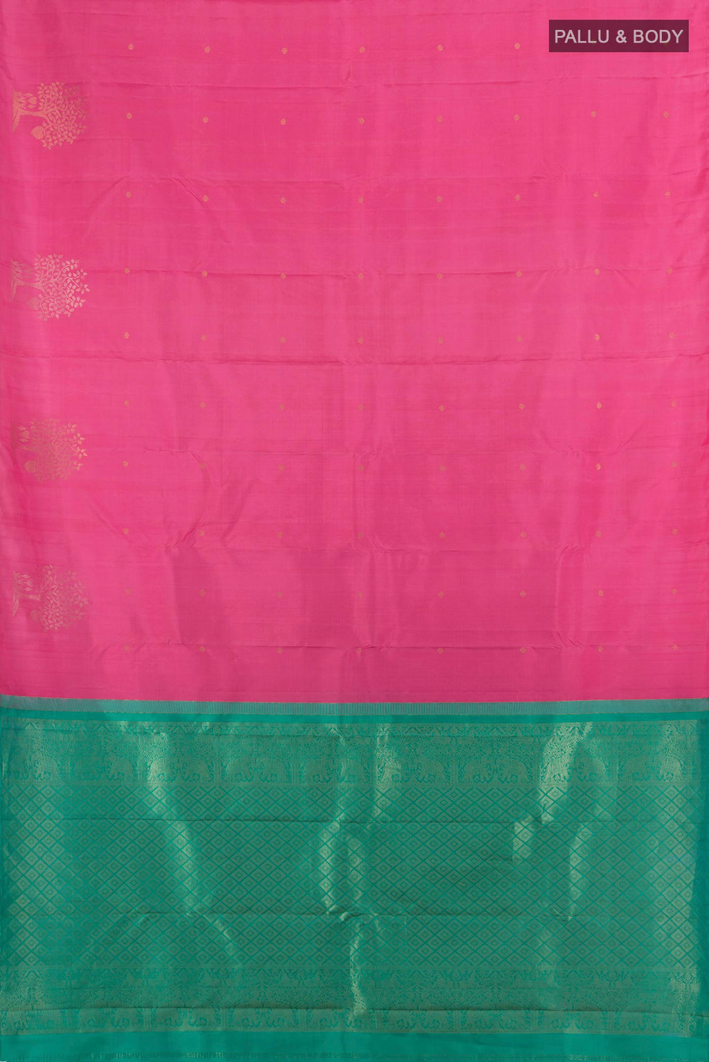 Flat view of Pure Silk Pink Soft Saree with Zari Butta on the body and Without Border. 