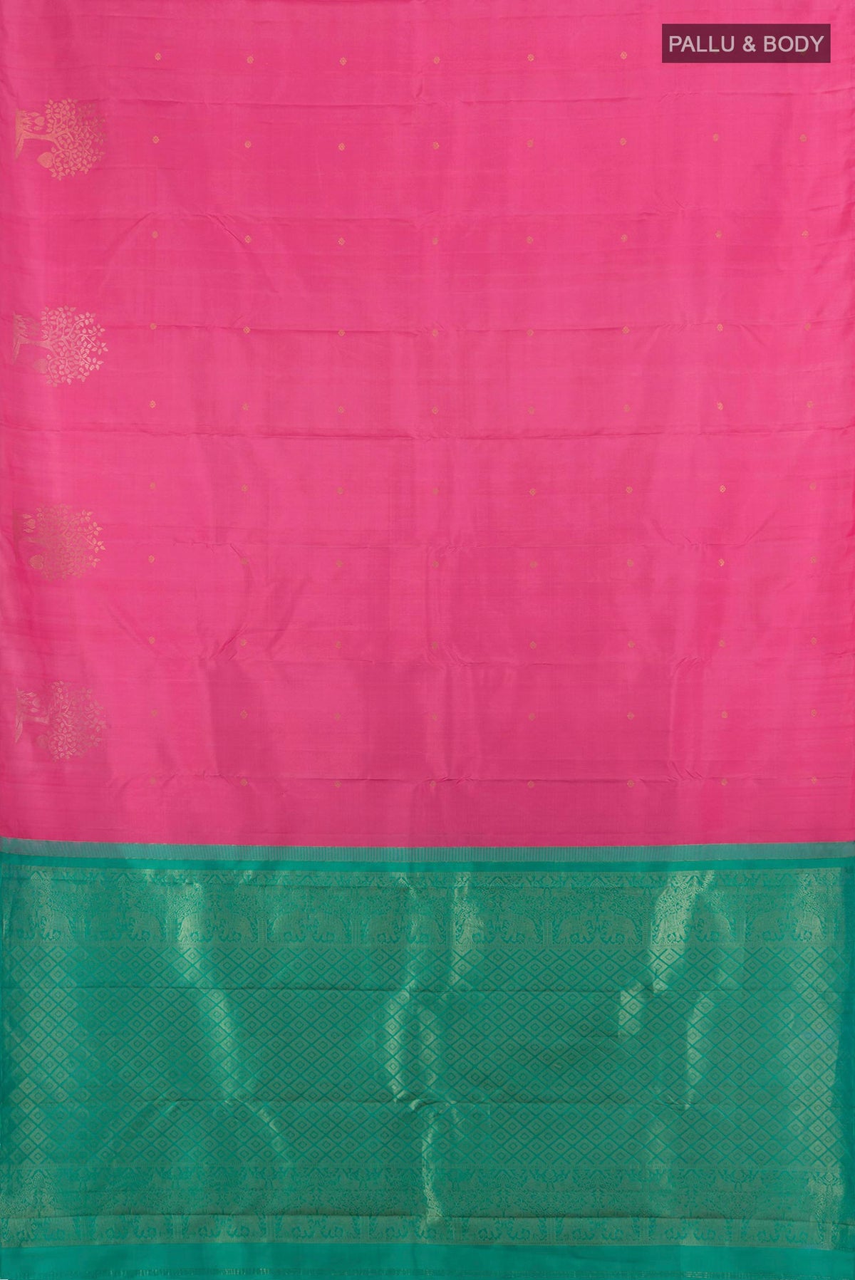 Flat view of Pure Silk Pink Soft Saree with Zari Butta on the body and Without Border. 