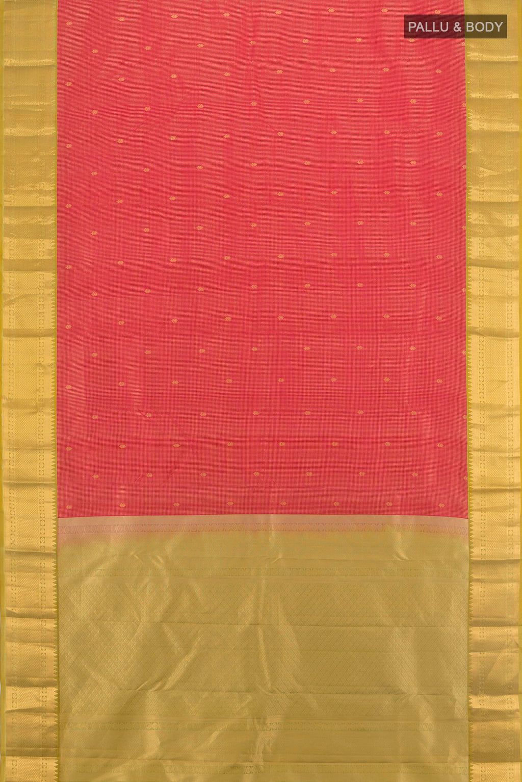 Flat view of Coral Kanjivaram Silk Saree with Zari Butta on the body and Zari Border. 