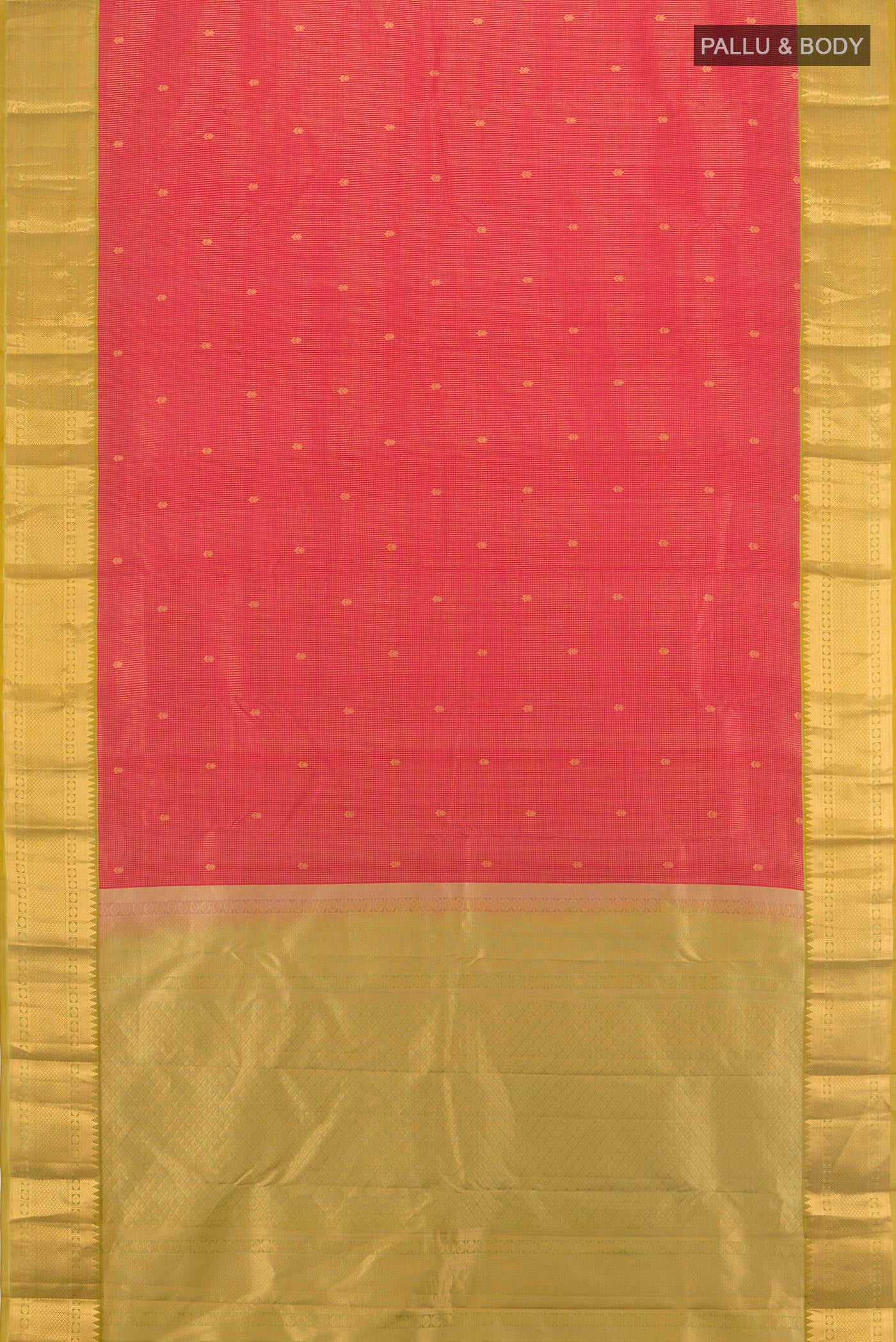Flat view of Coral Kanjivaram Silk Saree with Zari Butta on the body and Zari Border. 