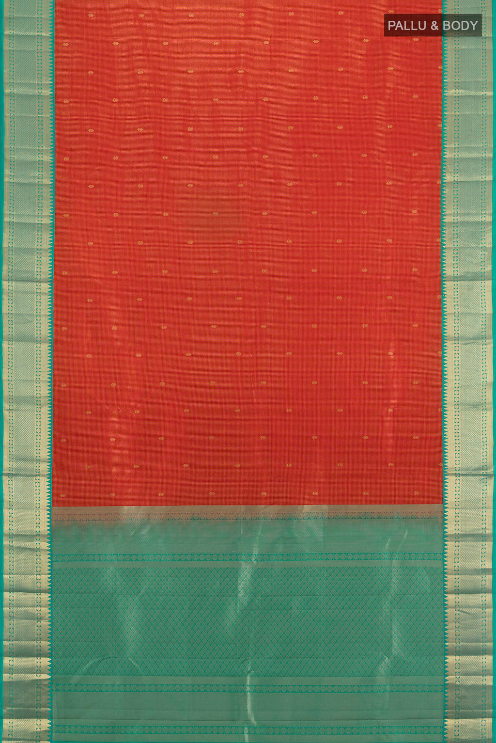 Flat view of Pure Silk Orange Kanjivaram Saree with Zari Butta on the body and Zari Border. 
