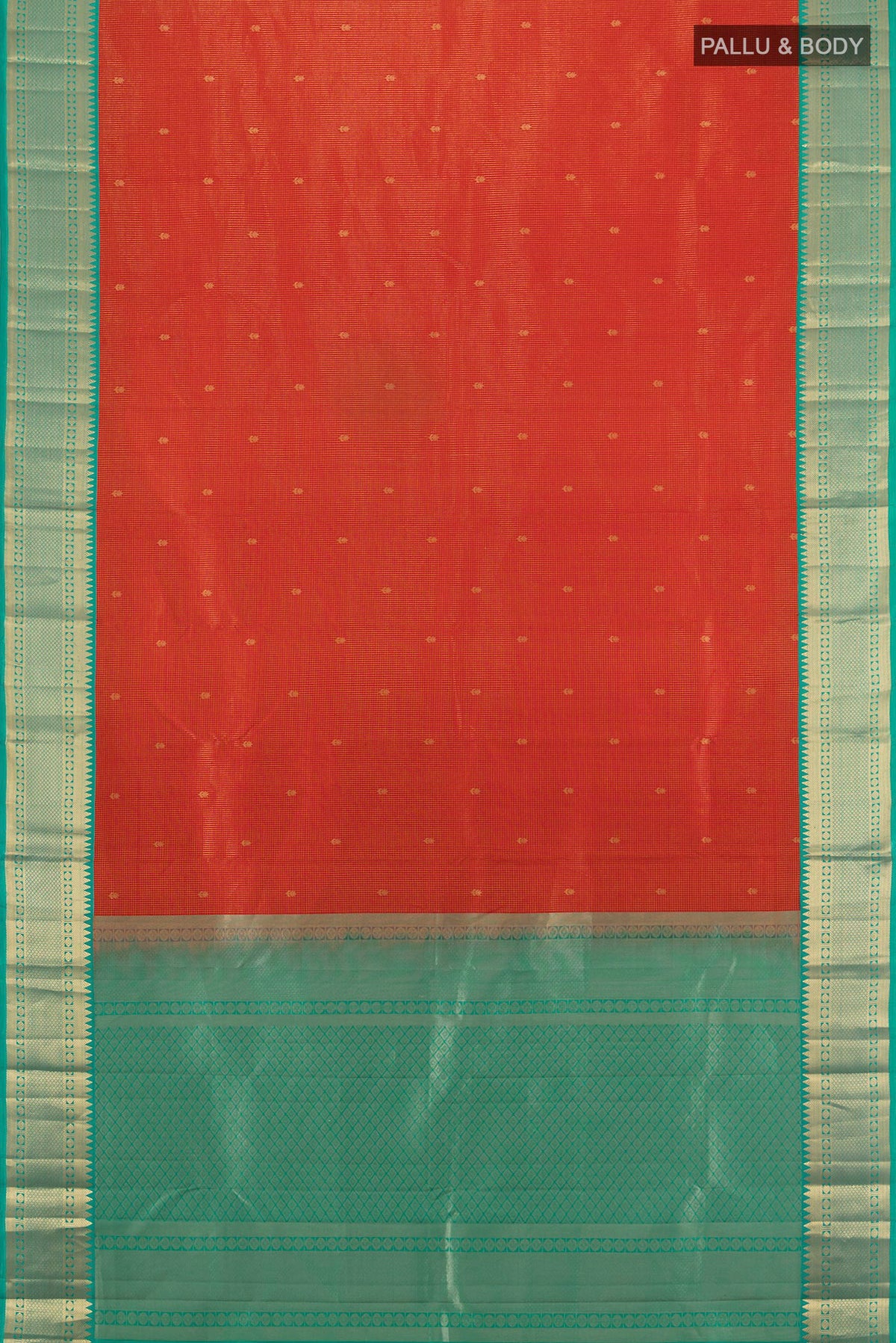 Flat view of Pure Silk Orange Kanjivaram Saree with Zari Butta on the body and Zari Border. 