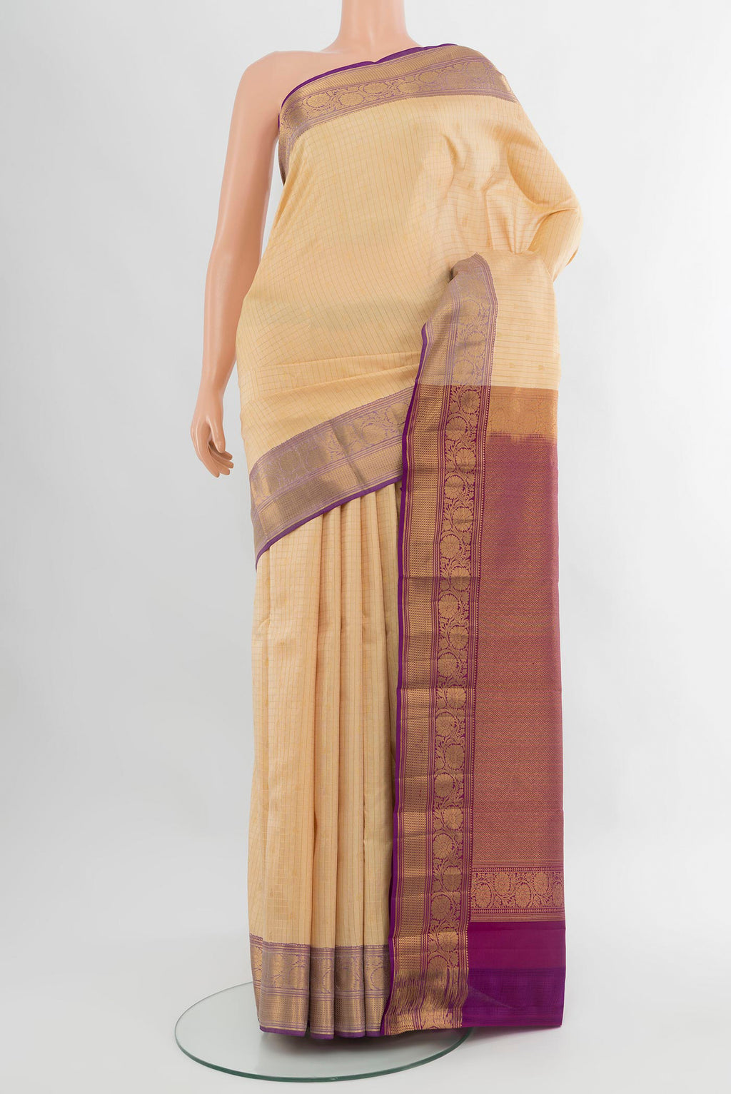 Sandal Kanchipuram Silk Saree with Checked design on the body and Zari Border.  displayed on a mannequin