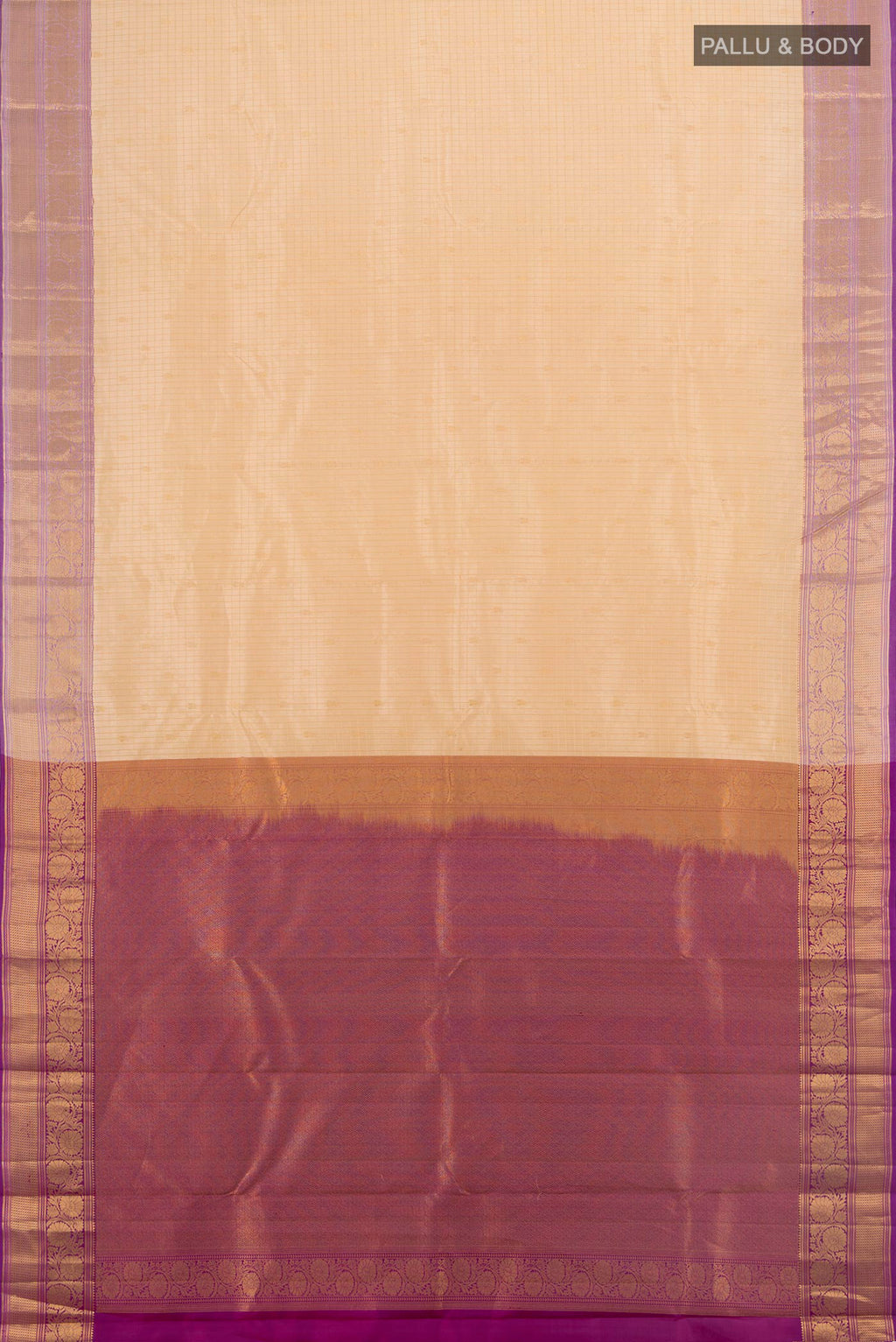 Flat view of Sandal Kanchipuram Silk Saree with Checked design on the body and Zari Border. 