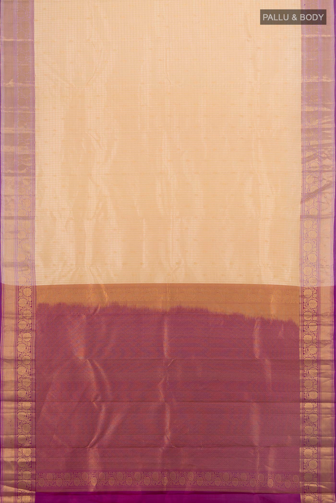 Flat view of Sandal Kanchipuram Silk Saree with Checked design on the body and Zari Border. 