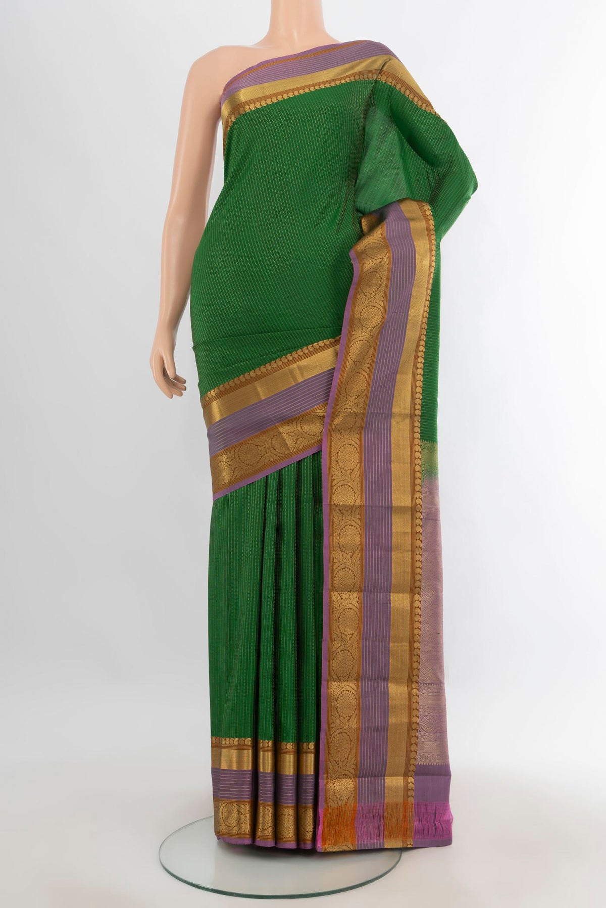 Pure Silk Green Kanjivaram Saree with Stripes on the body and Zari Border.  displayed on a mannequin