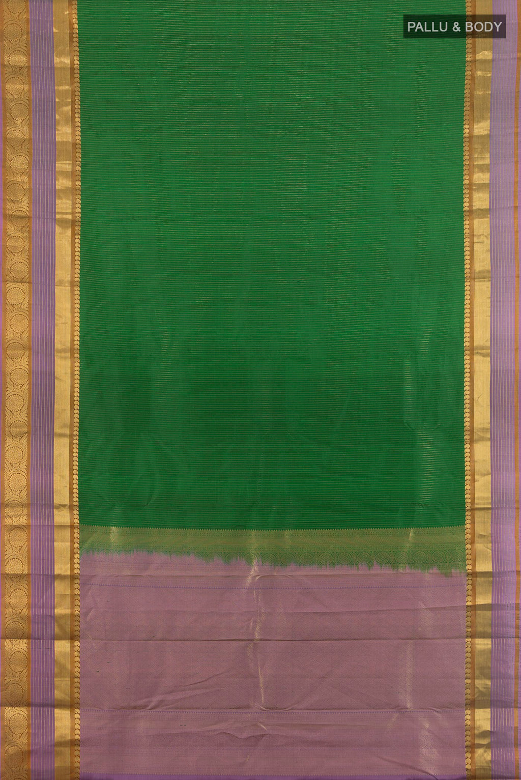 Flat view of Pure Silk Green Kanjivaram Saree with Stripes on the body and Zari Border. 