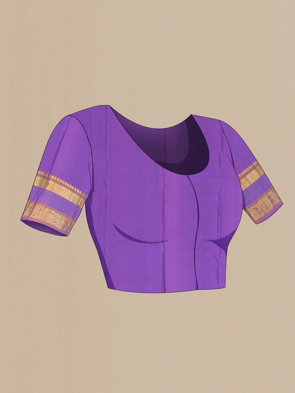 Close up image of the blouse of Dark Blue Kanjivaram Silk Saree with Stripes on the body and Zari Border. 