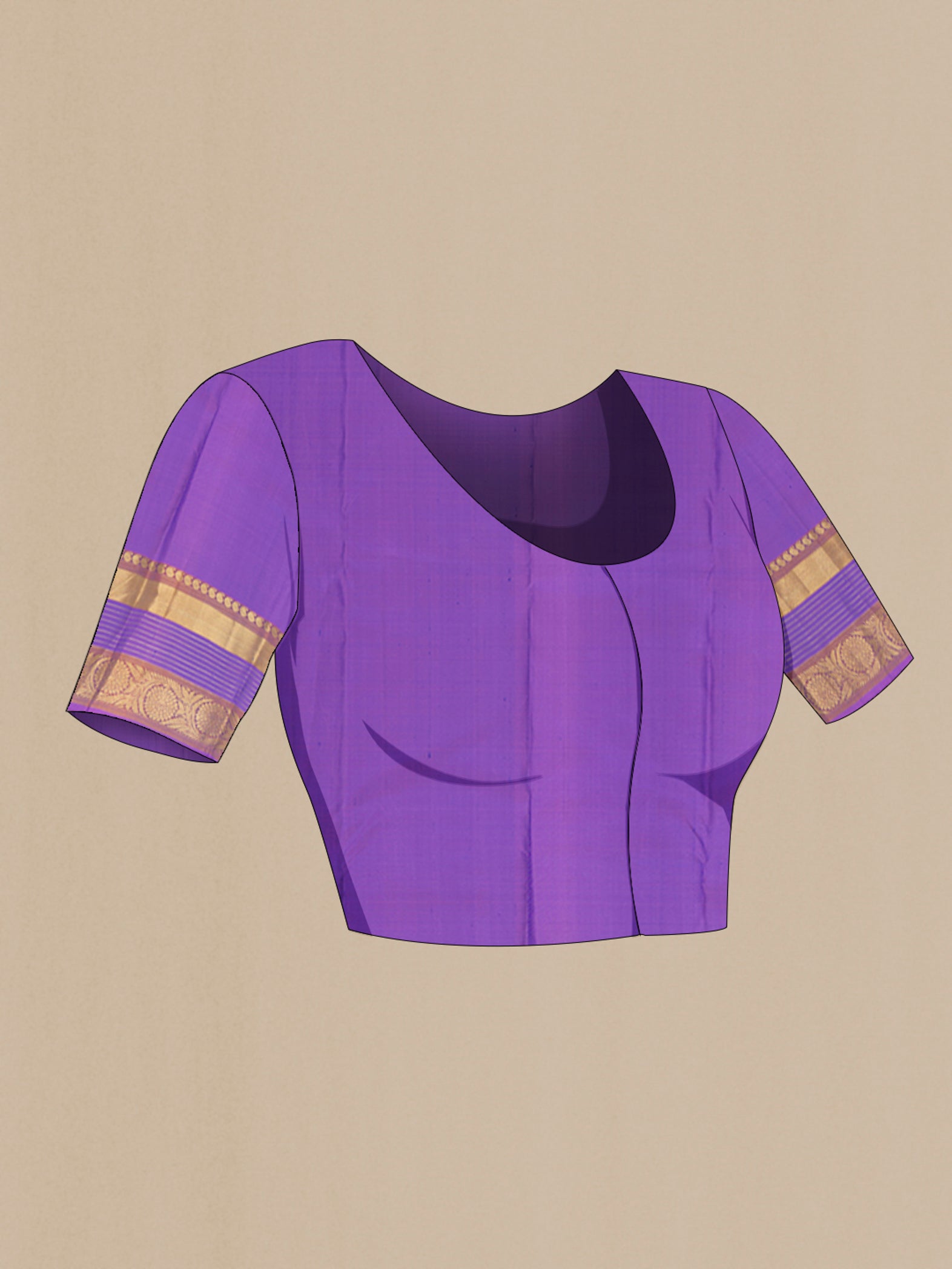 Close up image of the blouse of Dark Blue Kanjivaram Silk Saree with Stripes on the body and Zari Border. 