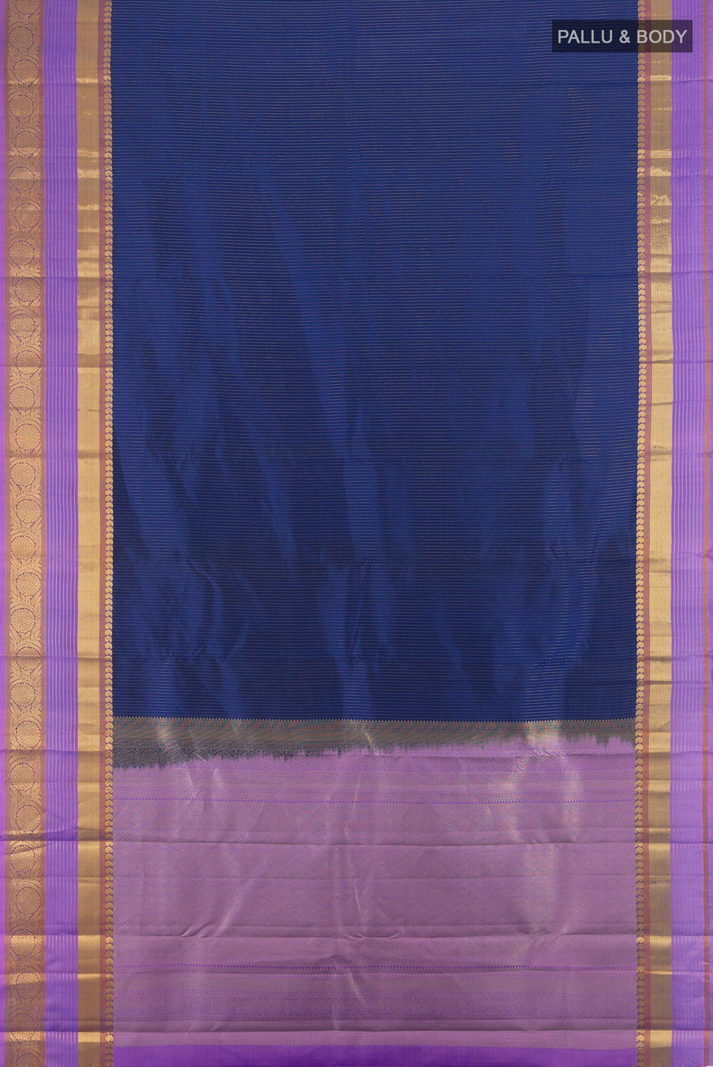 Flat view of Dark Blue Kanjivaram Silk Saree with Stripes on the body and Zari Border. 