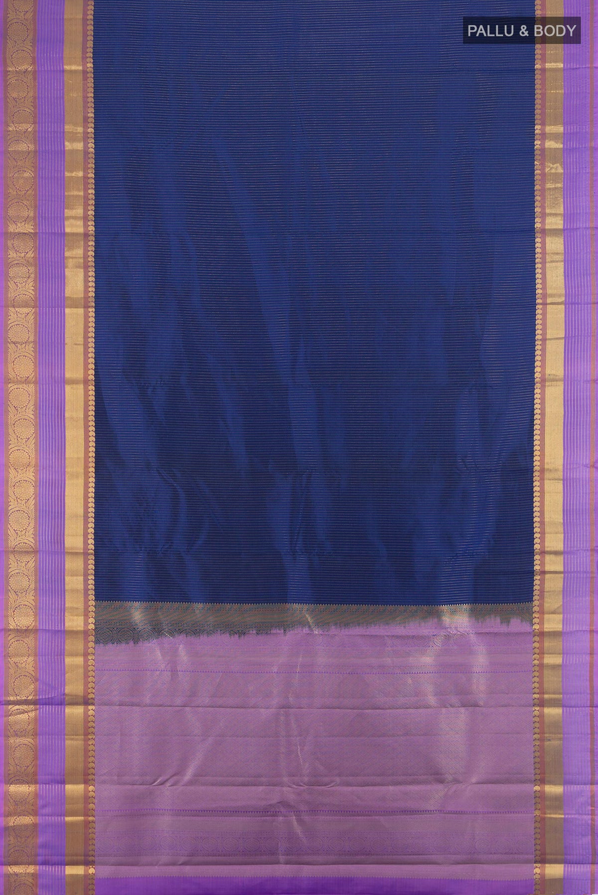 Flat view of Dark Blue Kanjivaram Silk Saree with Stripes on the body and Zari Border. 