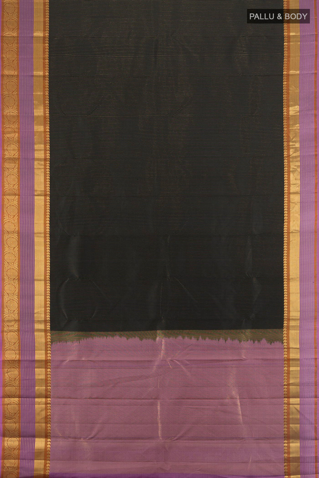 Flat view of Pure Silk Black Kanjivaram Saree with Stripes on the body and Zari Border. 