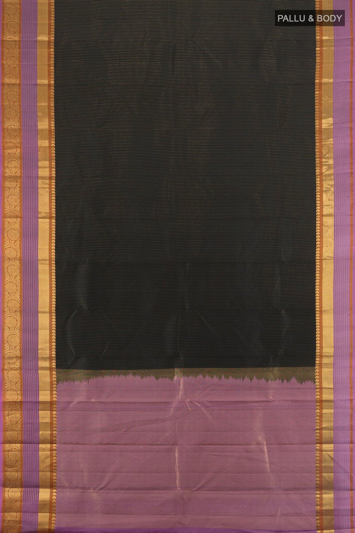 Flat view of Pure Silk Black Kanjivaram Saree with Stripes on the body and Zari Border. 