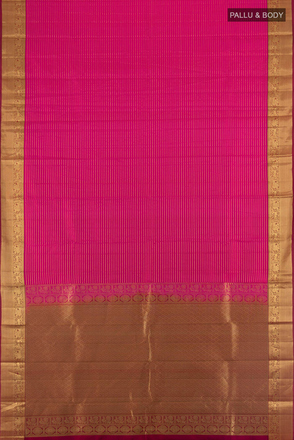Flat view of Pure Silk Dark Pink Kanjivaram Saree with Stripes on the body and Zari Border. 