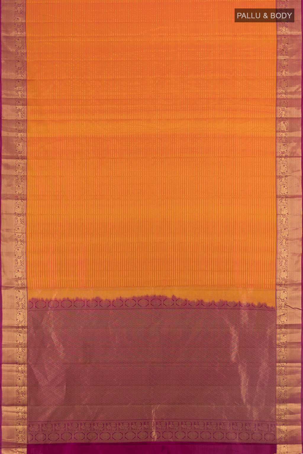 Flat view of Mustard Kanjivaram Silk Saree with Stripes on the body and Zari Border. 